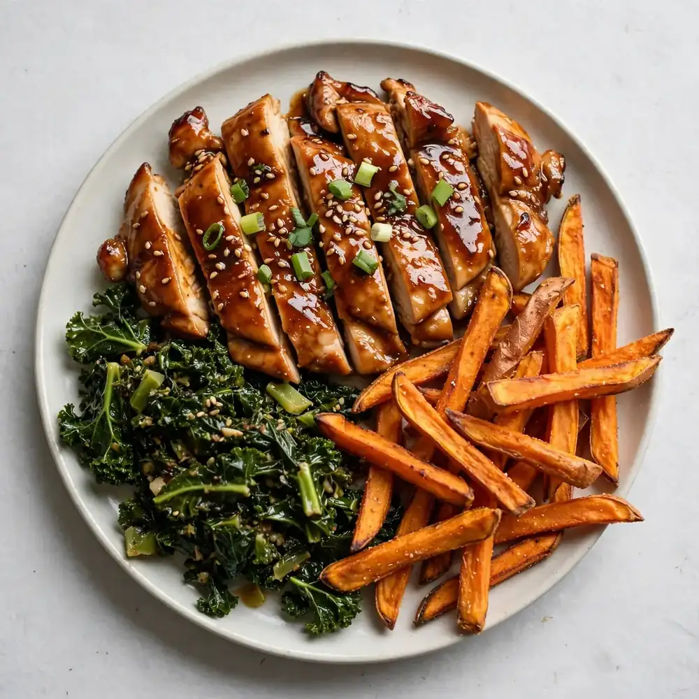 Teriyaki Hähnchen mit Grünkohl und Süßkartoffelpommes