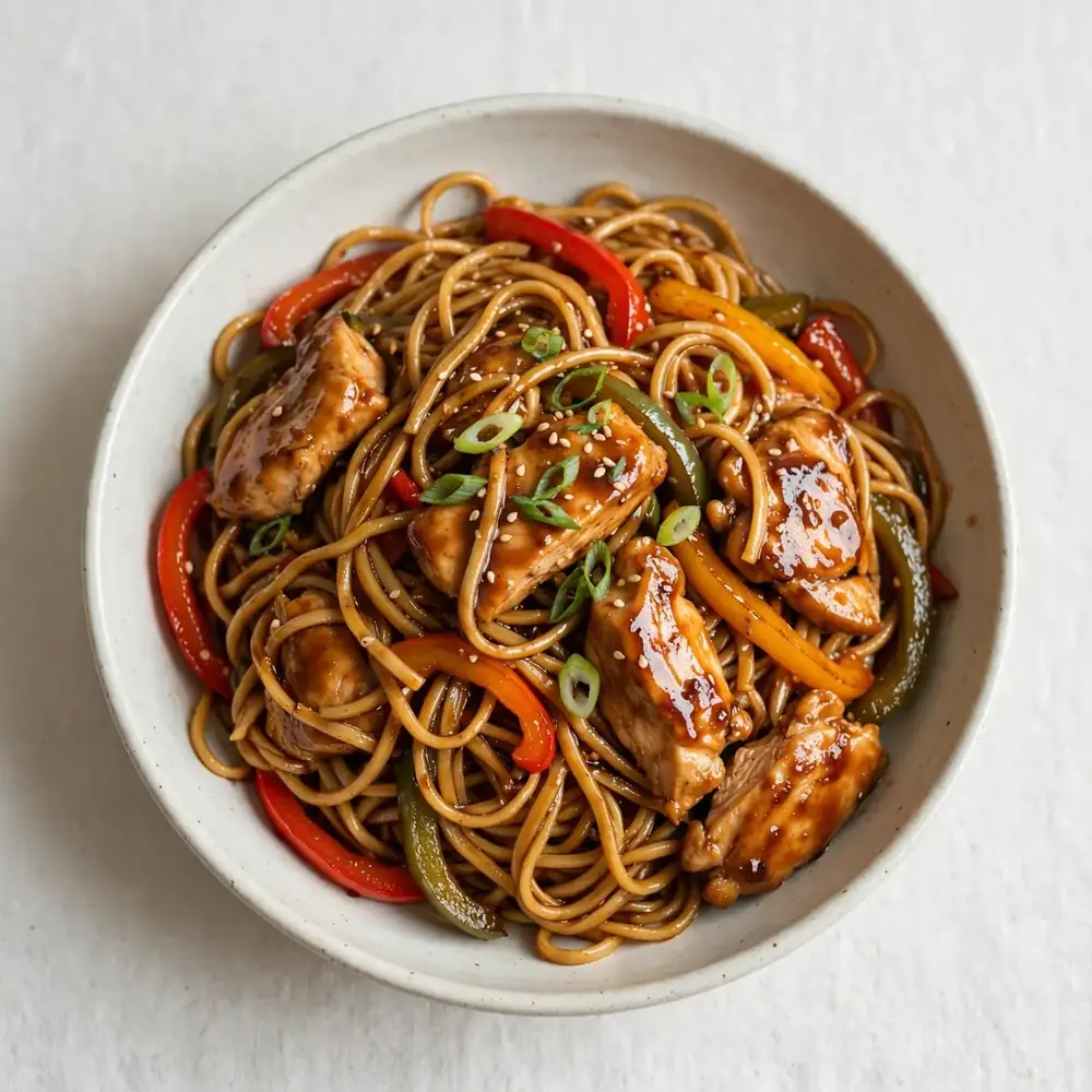 Teriyaki Hähnchen mit Nudeln und Paprika-Mix