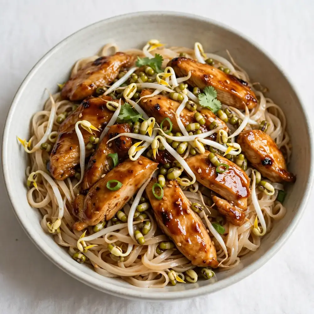 Teriyaki Hähnchen mit Reisnudeln und Mungobohnensprossen