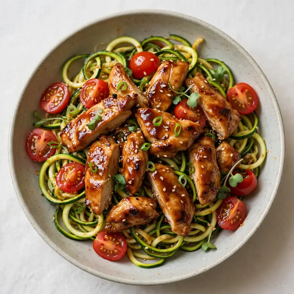 Teriyaki Hähnchen mit Zoodles und Kirschtomaten
