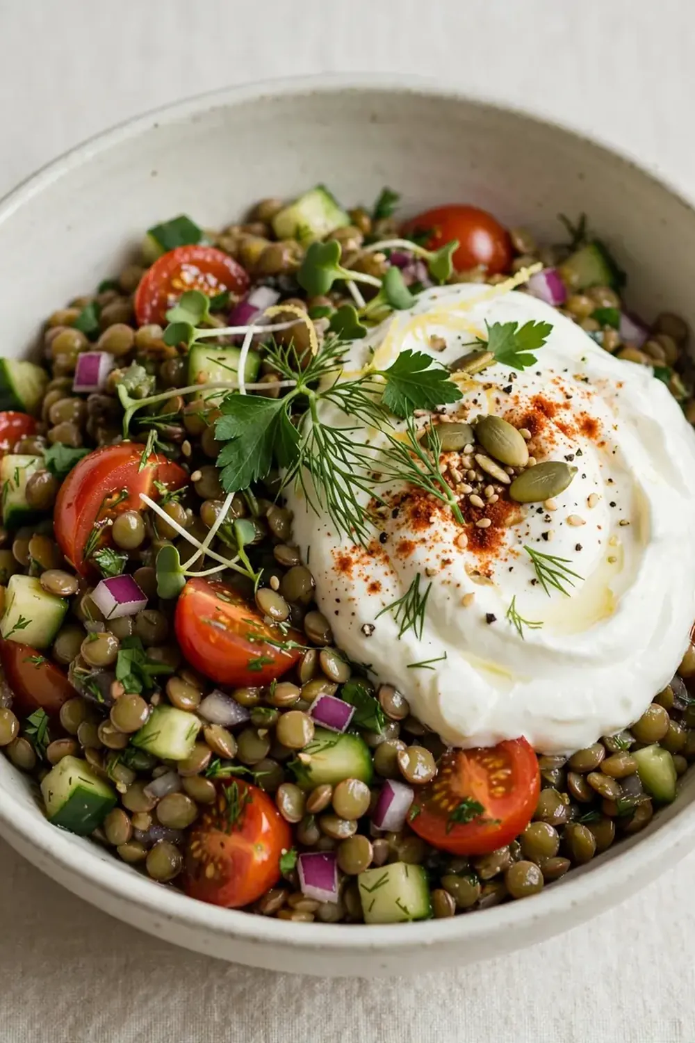Vegetarian High-Protein Greek Yogurt Lentil Bowl